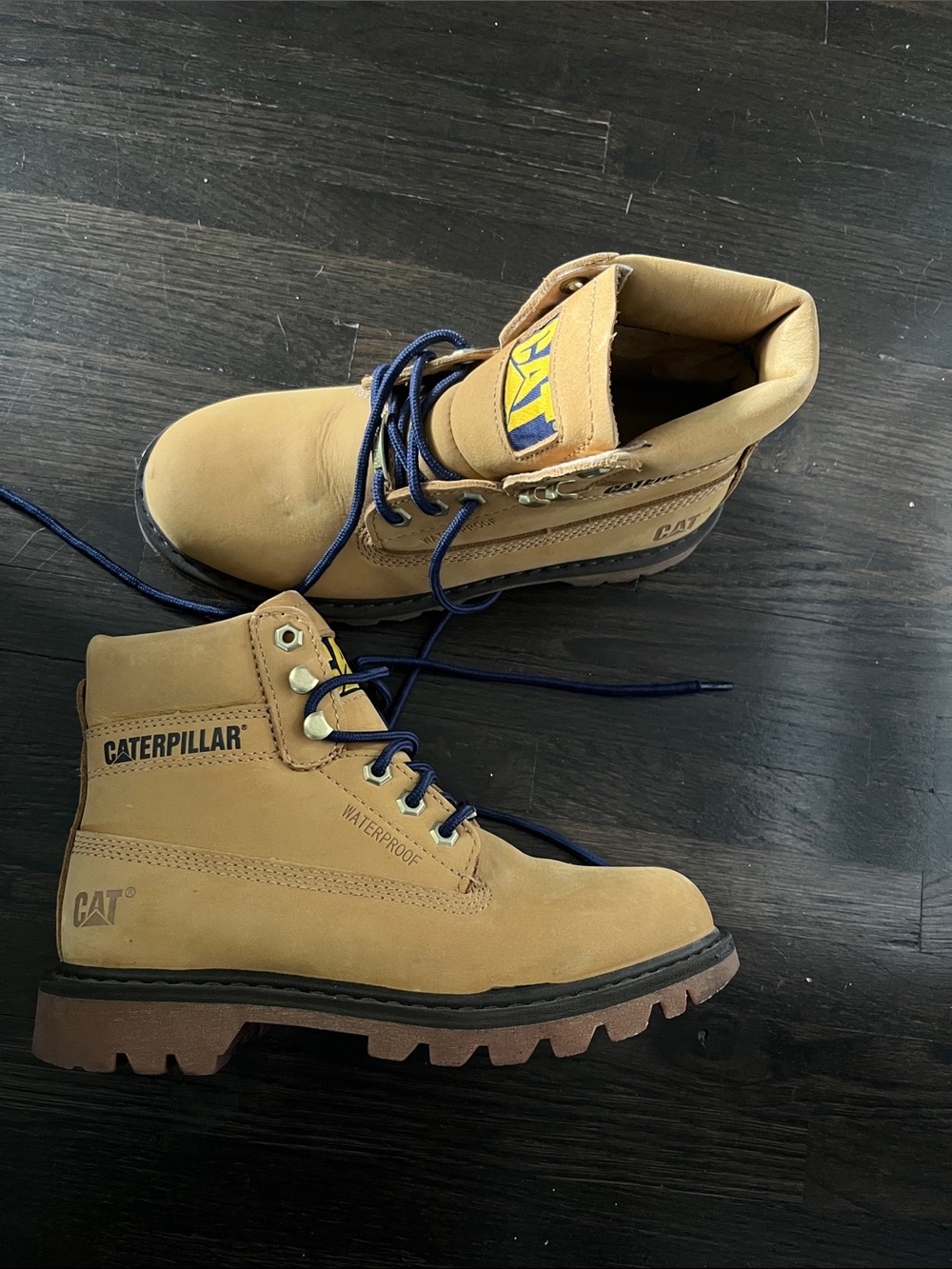 Caterpillar Wheat Tan Boots with Navy Laces